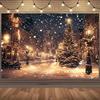 One 2D Flat Piece of Christmas Snow Street Scene Polyester Background with Lamp Posts and Trees, Suitable for Christmas
