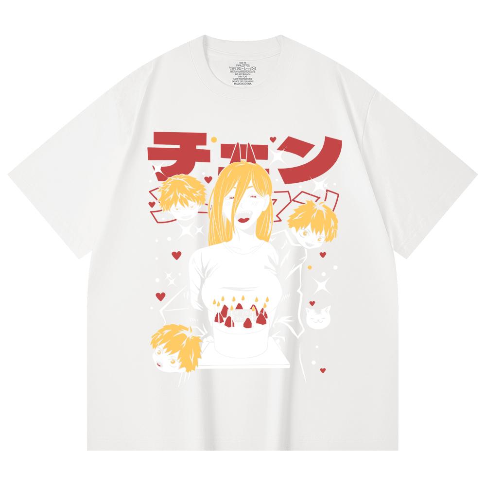 230 Gsm 100% Cotton Chainsaw Man V48 Power Cake Print Unisex Heavy Cotton T Shirt