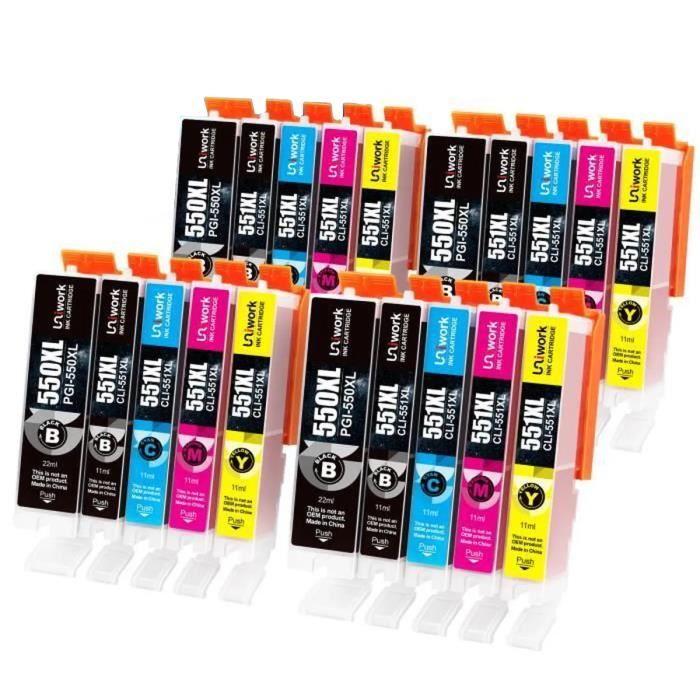 550 551 XL Cartouches d'encre UNIWORK 20 Pack Compatibles pour Canon PGI-550/551XL pour Pixma MX725 MX920 MX925 iX6850 iP7200 iP7250