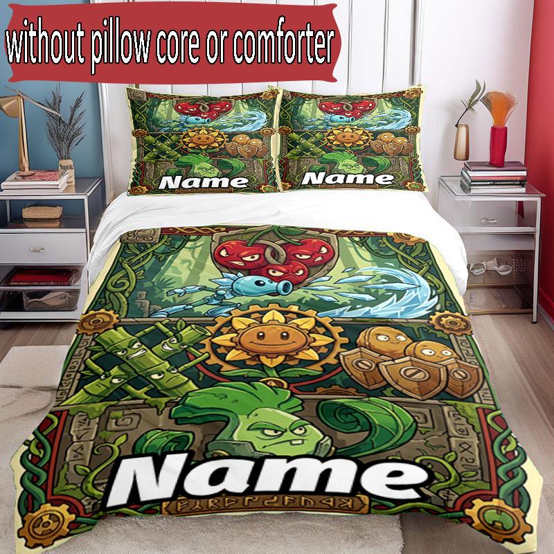 3pcs Duvet Cover Set (1*Duvet Cover + 2*Pillowcase, Without Core), Custom Name Plants Vs. Zombies Pattern Bedding Set, Home Bedroom Decor Gift