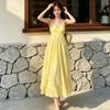 2026 Summer Beautiful Seaside Vacation Suspender Dress Neck Collar Yellow Loose Lazy Style Dress Tide