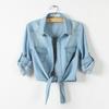Giacca di jeans con nodo allacciato, lunghezza cropped, tipo corto, monopetto, allacciatura con lacci, camicia di jeans con nodo allacciato, jeans blu, cardigan, giacca da donna
