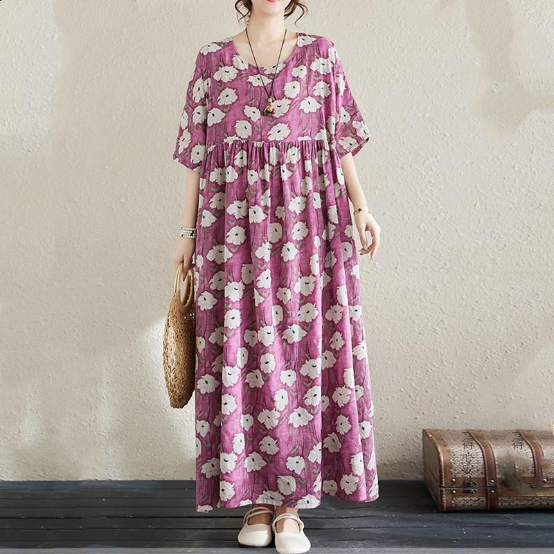 Κοντό μανίκι Plus size βαμβακερό vintage φλοράλ νέο σε φορέματα για γυναίκες casual χαλαρά μακρύ καλοκαίρι