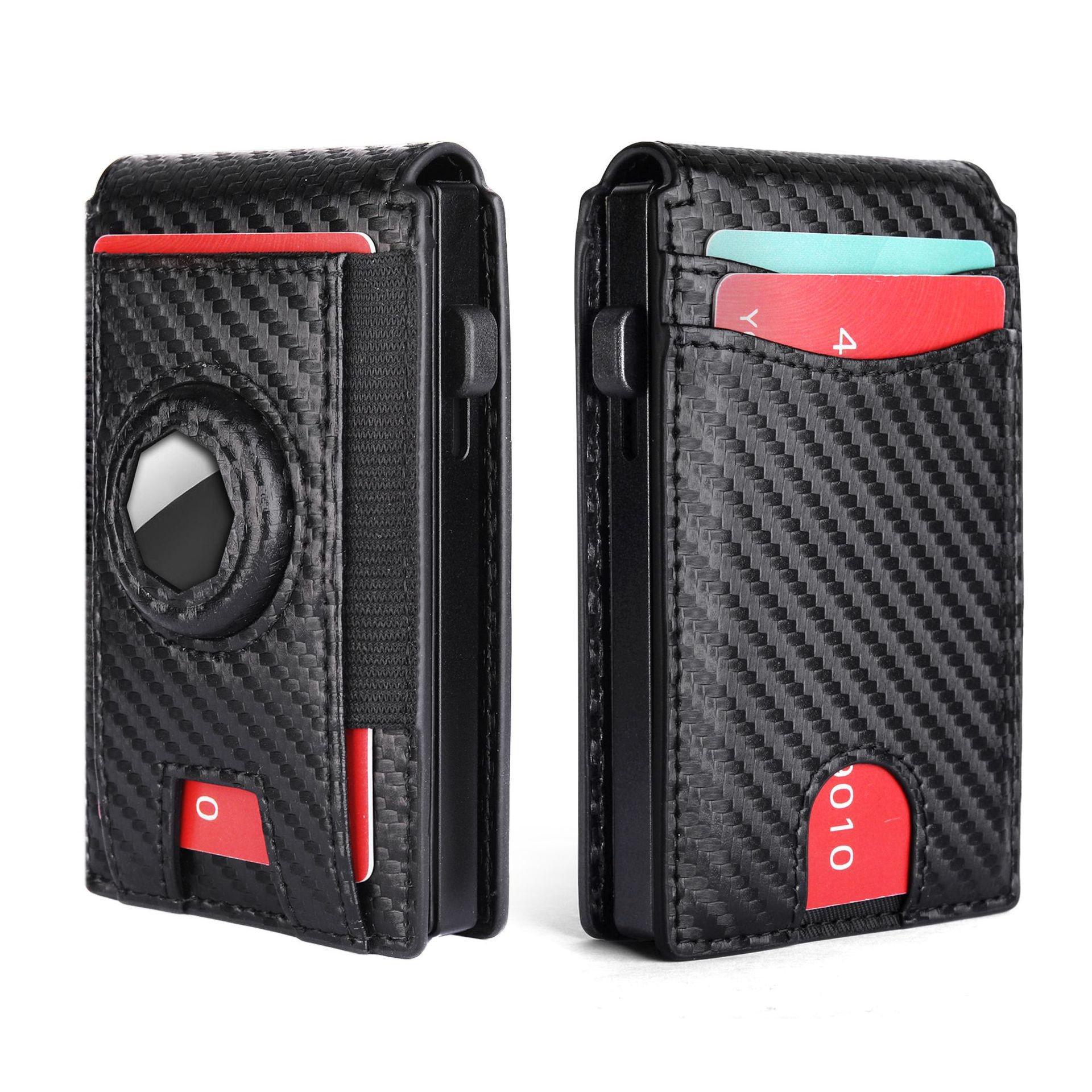 

Men s Crazy Horse Leather Bifold Card Holder with Multi-Card Slots, Anti-Demagnetization, Metal Case, and AirTag Sleeve.