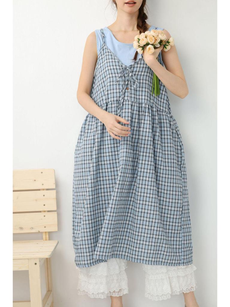 2026 Spring/Summer Mori Girl Lace-up Plaid Maxi Dress - Versatile Layered Camisole Skirt