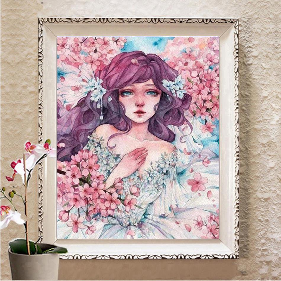 Diamantové vyšívání Květina a dívka Plný čtverec Nový příchod 3D DIY Diamantová malba Akvarel Broskvový květ Krajina Obrázek drahokamu Wall Art