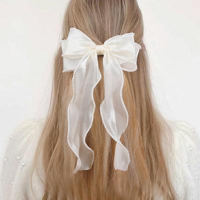 Elegante Schleifen-Haarspangen für Frauen Mädchen Lange Perlen-Haarspangen Schleife Satin Haarspangen Feder-Haarspange Haarschmuck Geschenk