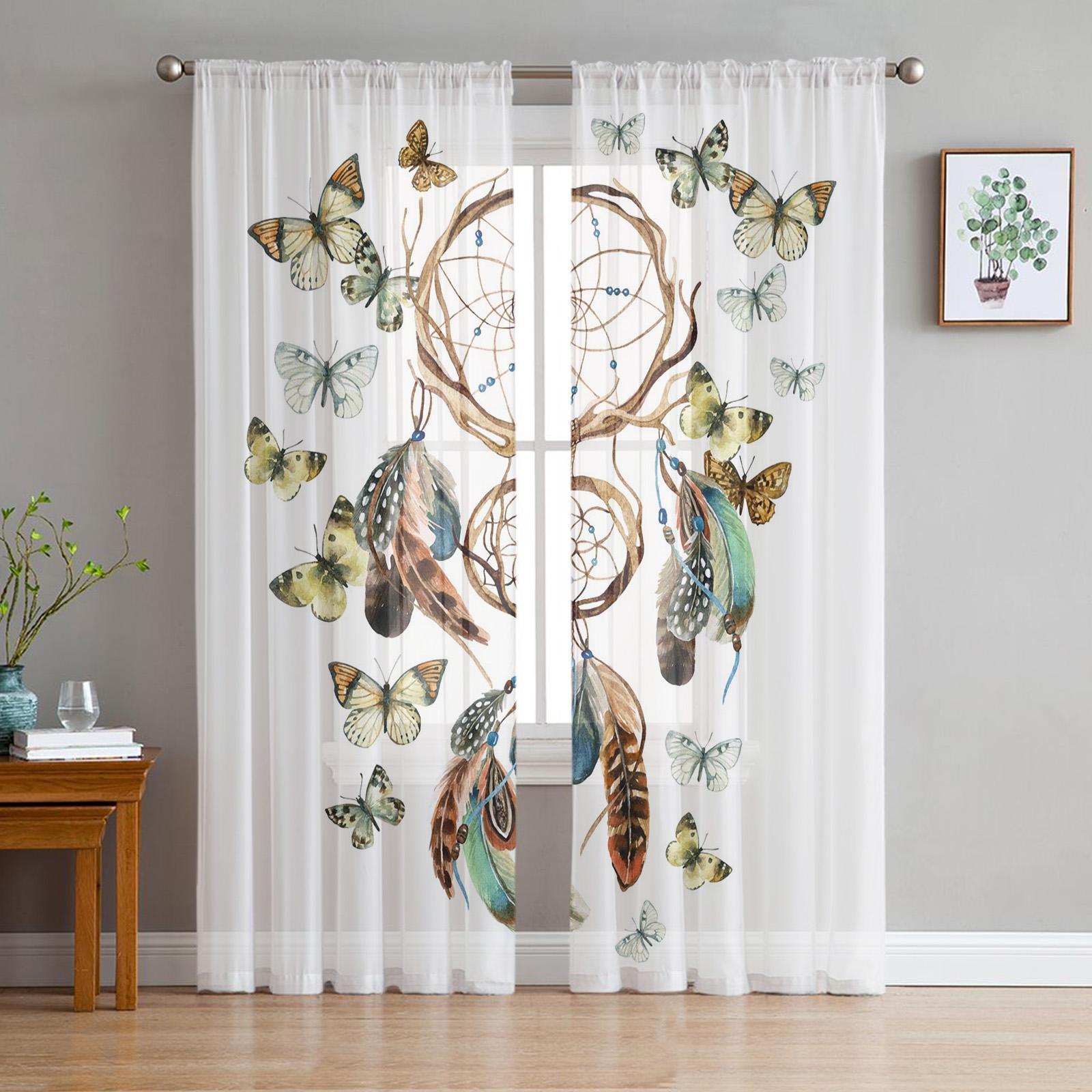 

Watercolor Wolf Flower Feather Sheer Curtains for Living Room Decoration Window Drapes Kitchen Netting Sheer Fabric Organza Drapes W135 x H115cm x1&Rod Pocket
