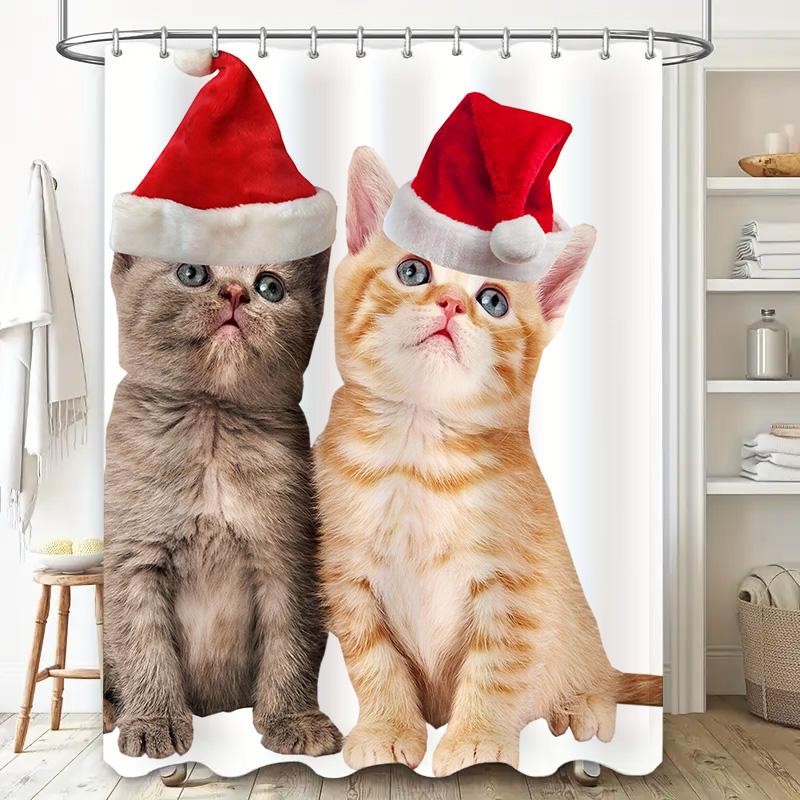 Hats Christmas Santa Cat Shower Curtain Bathroom Decor Waterproof Printed Cat Toys Pet Supplies Cute Home Decoration 180x270cm