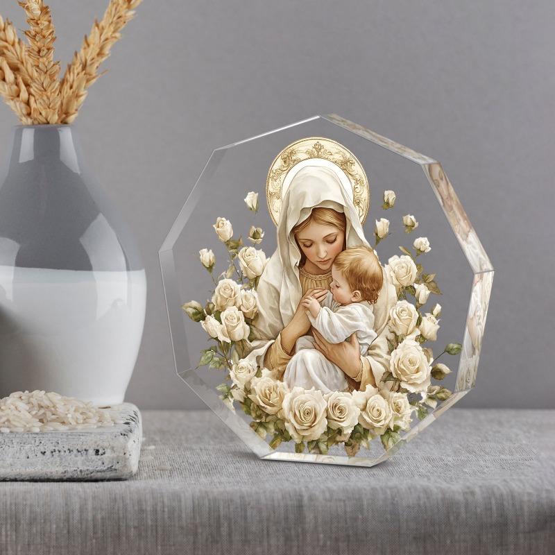 Decoração de Mesa de Acrílico Contemporânea 2D Plana da Virgem Maria e Menino Jesus, Aura Dourada e Rosas Brancas, Adequado para decoração de parede, varanda, quarto, villa,