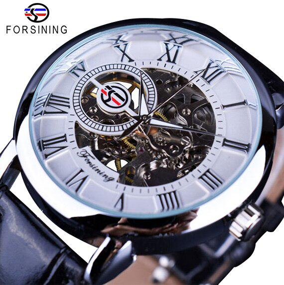 Forsining Orologio meccanico scheletrato in pelle con incisione cava con logo 3D, cassa in oro nero, marchio di lusso da uomo Heren Horloge
