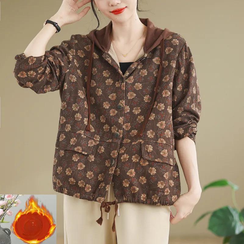 Spring and Autumn Loose Large Size Printing Plus Velvet Thick Hooded Retro Ladies Casual Jacket