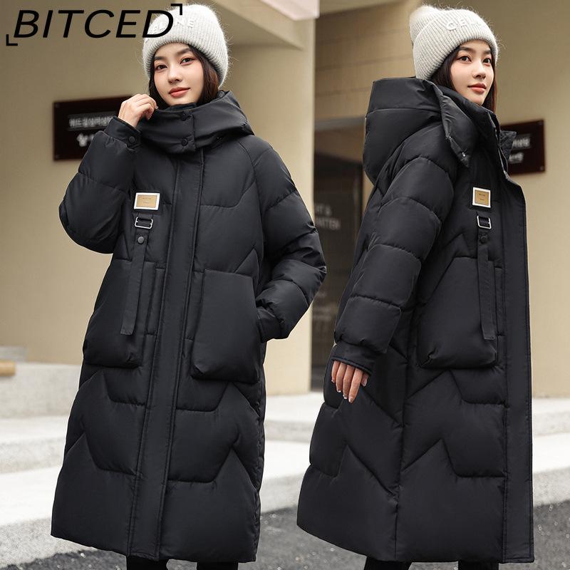 BITCED Winter Detachable Hood Cotton Coat for Women Mid-Length Thickened Cotton Coat Over-the-Knee Length Women's Cotton Jacket Outerwear