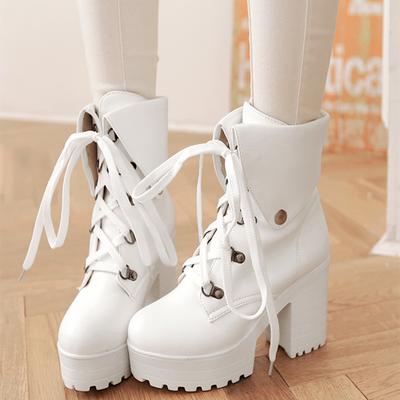 Schwarz Weiße Stiefel Damen Mode Schnürstiefel Weiches Leder Plateau Kurze Stiefel Damenschuhe Frau Hohe Absätze Punk Stiefeletten Weiblich