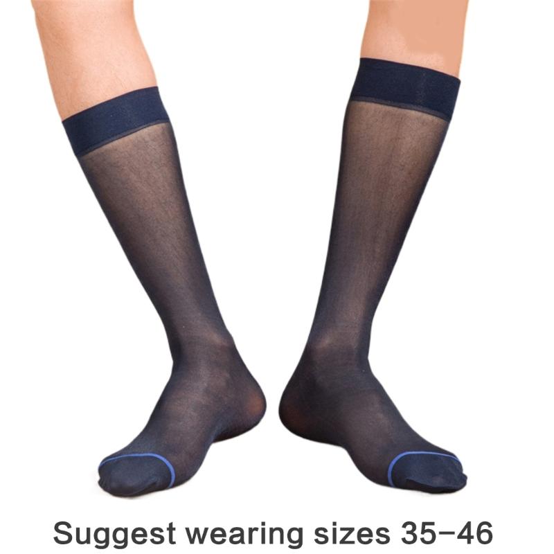 Mens Nylon Sheer Thin Suit Socks Business Dress Socks Blue Striped See Through Formal Dress Over the Calf Stockings