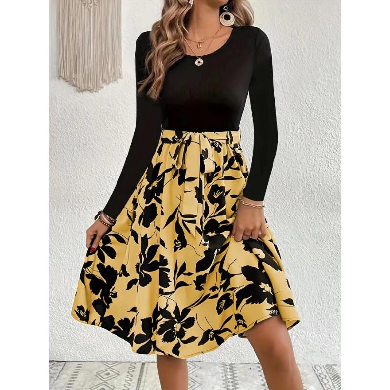 Spring and Autumn Women's Dress Printed Dresses Round Neck Tie Dresses