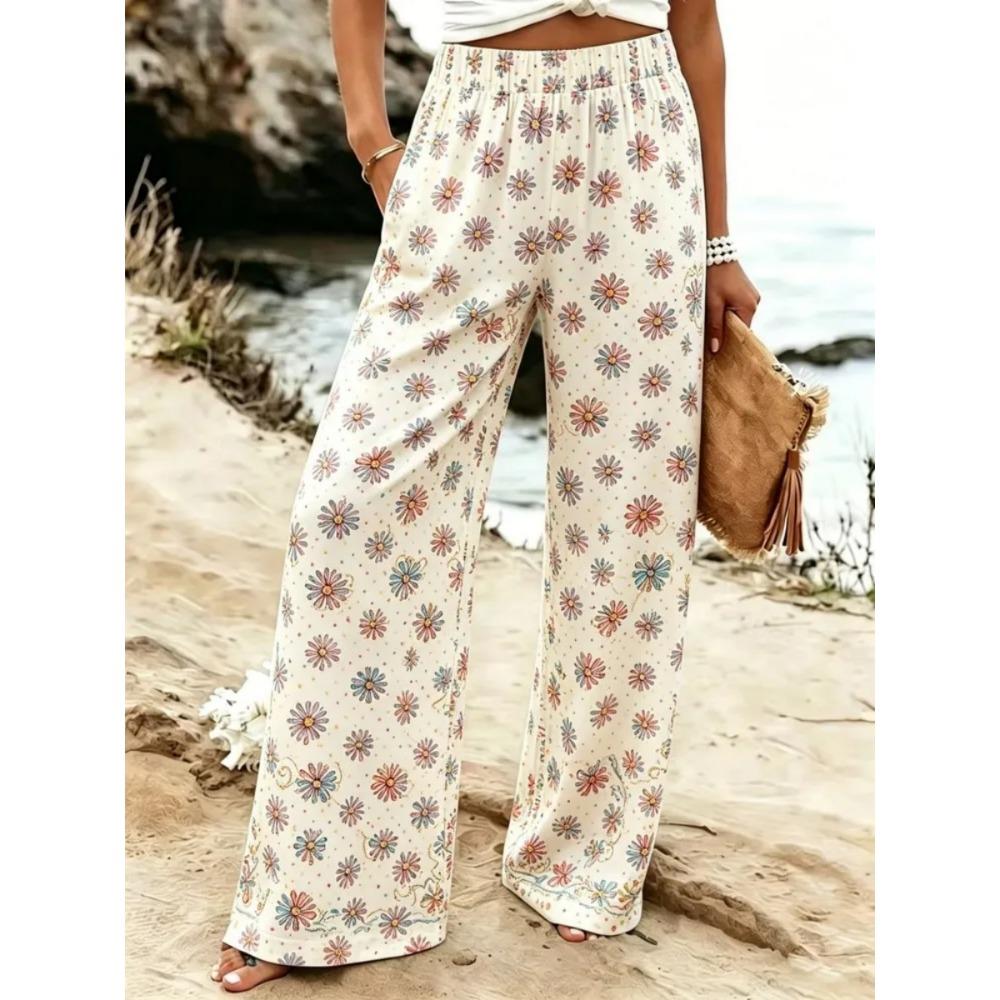 Floral Print Wide Leg Women Pants Spring Drawstring Bohemia Trousers Lady Casual Loose Elastic Waist Pantalonsw Plus Size