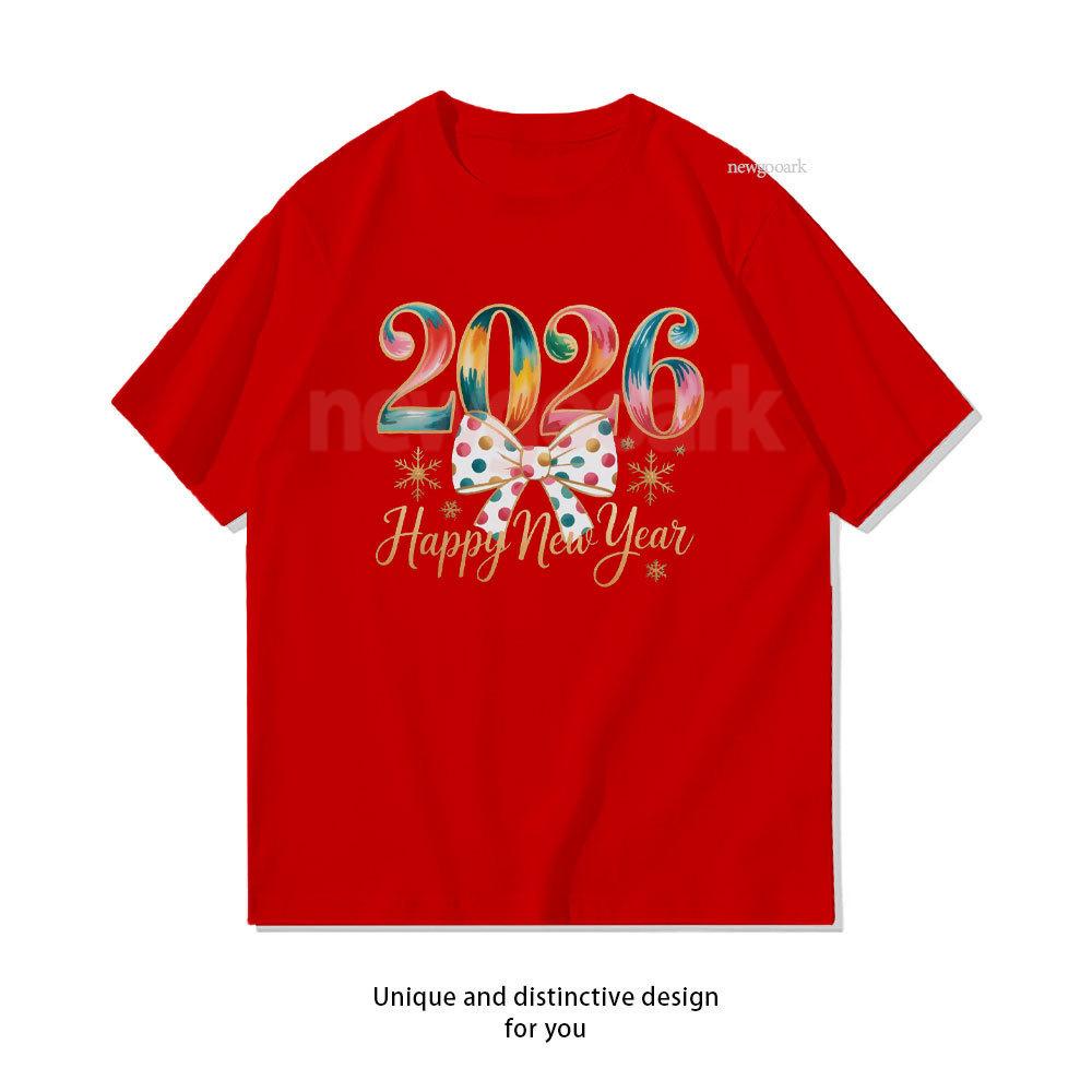 

Happy New Year 2026 Woman Big Bowknot Printed Tshirt New Years Eve 2026 Cotton Shirt Family Gathering Party Shortsleev Adult S
