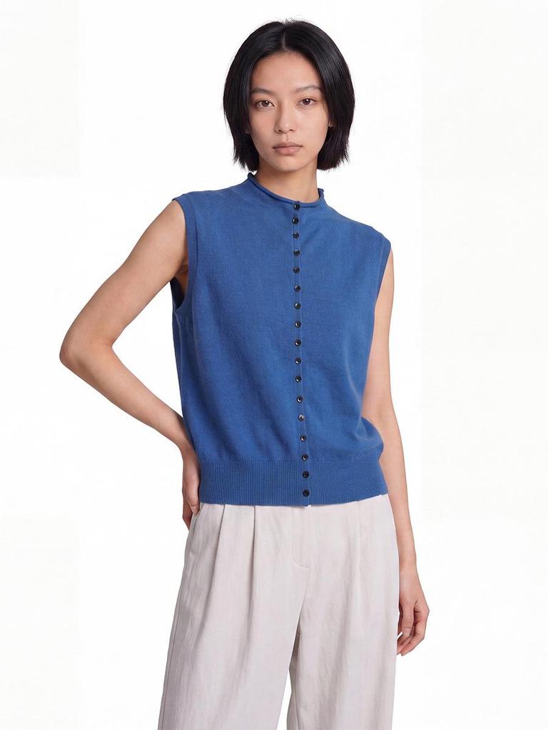 Elegant 100% Wool Sleeveless Knit Top for Women - Autumn/Winter Collection with Rolled Edge Stand Collar