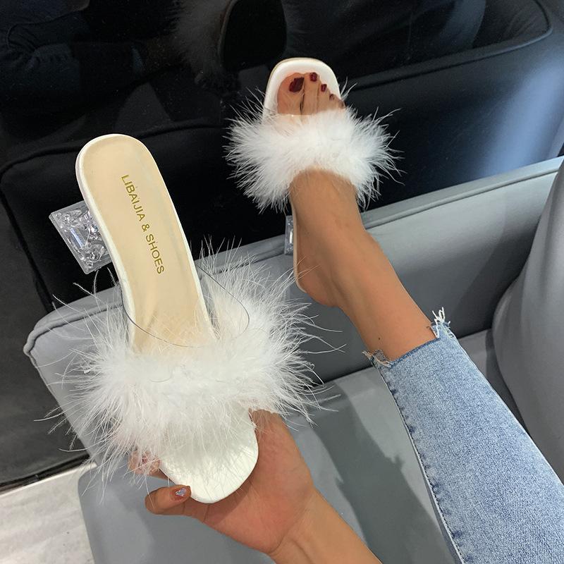 2025 Summer Large Size Foreign Trade Women's Shoes Casual Style Solid Color Square Head Fluffy Upper Wine Glass Root Slippers Women
