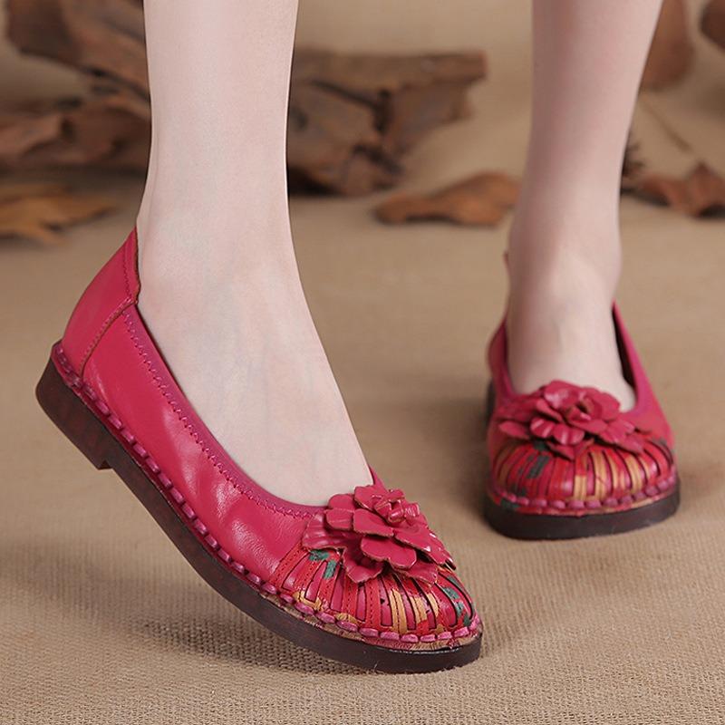 New First-layer Cowhide Casual Flat-soled Women's Shoes Flower Leather Women's Single Shoes