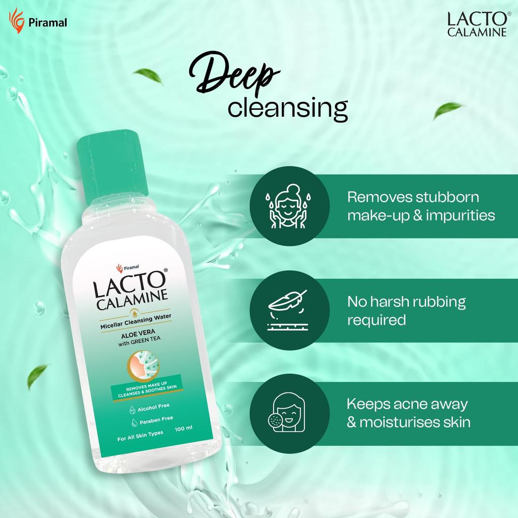 Lacto Calamine Micellar Water Make-Up Remover Liquid 100ml With Aloe Vera Green Tea Niacinamide