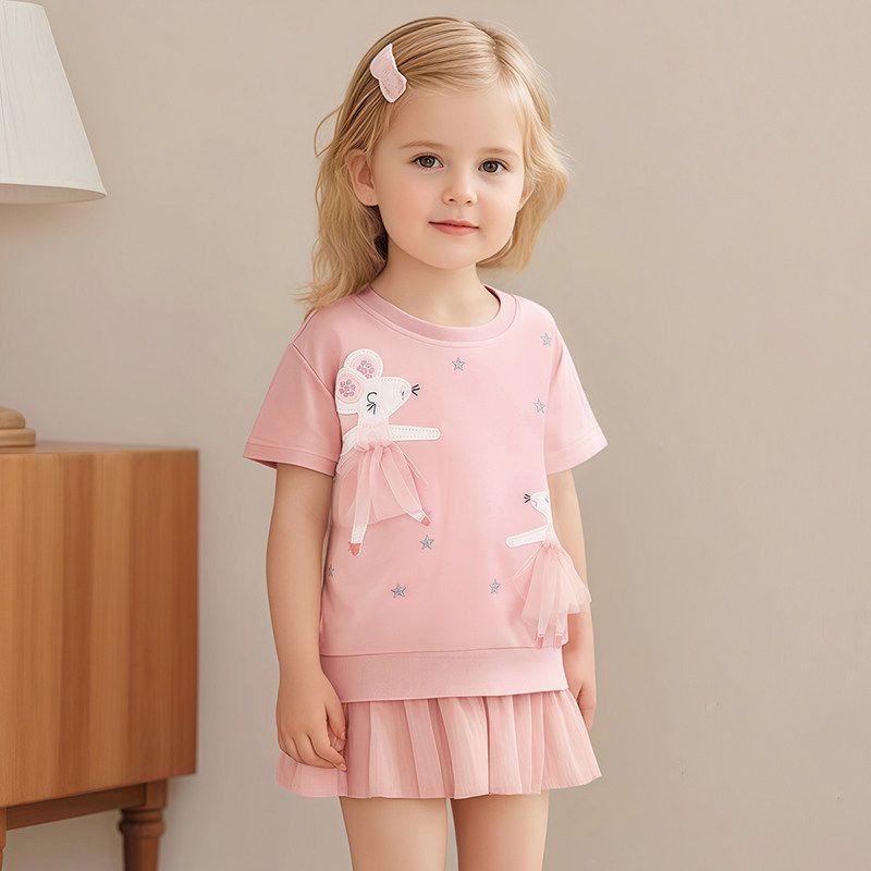 Foreign Trade Girls' Pink Cartoon Mouse Mid-Length Short-Sleeved T-Shirt Summer Mesh Pure Cotton Top Baby Half-Sleeve Trendy 8