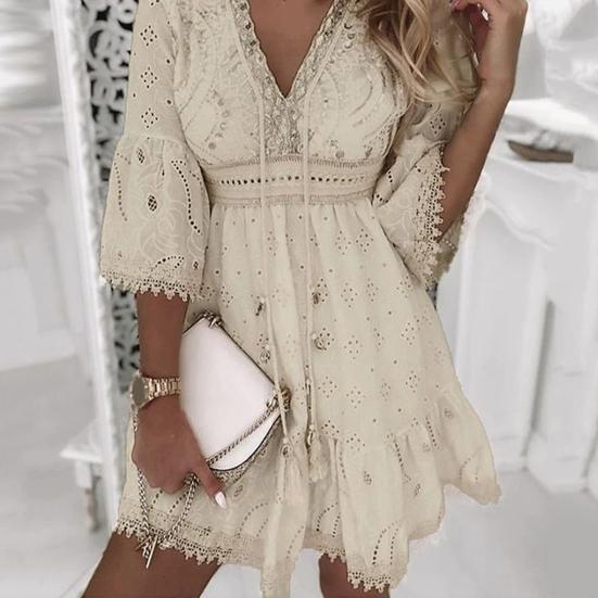 Kobiety Letnia Sukienka Dekolt V Wycięcie Rękawy Trzy Czwarte Frędzle Haft Sukienka do Przebierania Jednolita