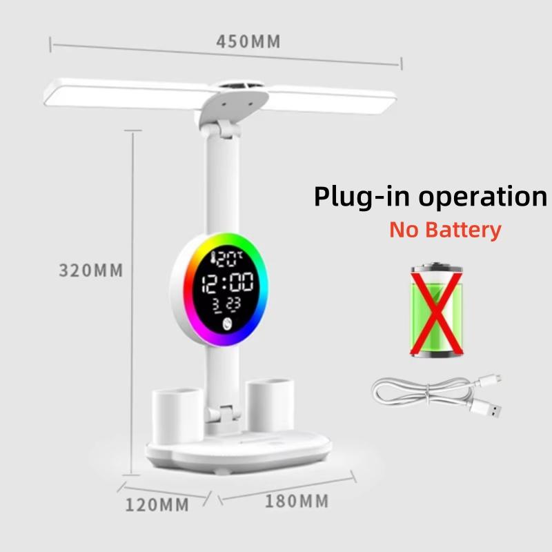 

Multifunctional LED Desk Lamp with Fans Clock Adjustable Eye-Caring Table Lamp for Home Office College Dorm
