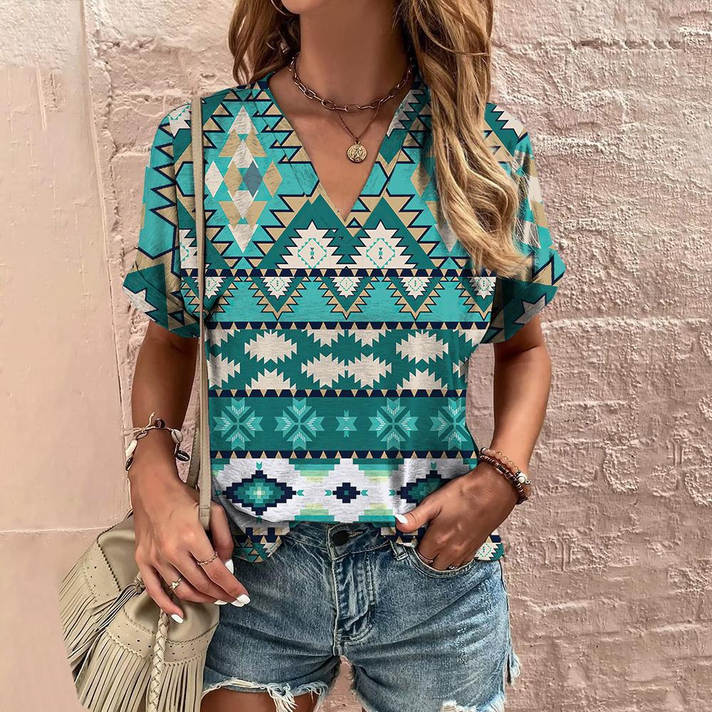 Tricou etnic de damă de vară cu decolteu în V Tricou cu mânecă scurtă Top lejer casual Tricou nou cu mânecă scurtă vintage pentru îmbrăcăminte pentru femei Cămașă