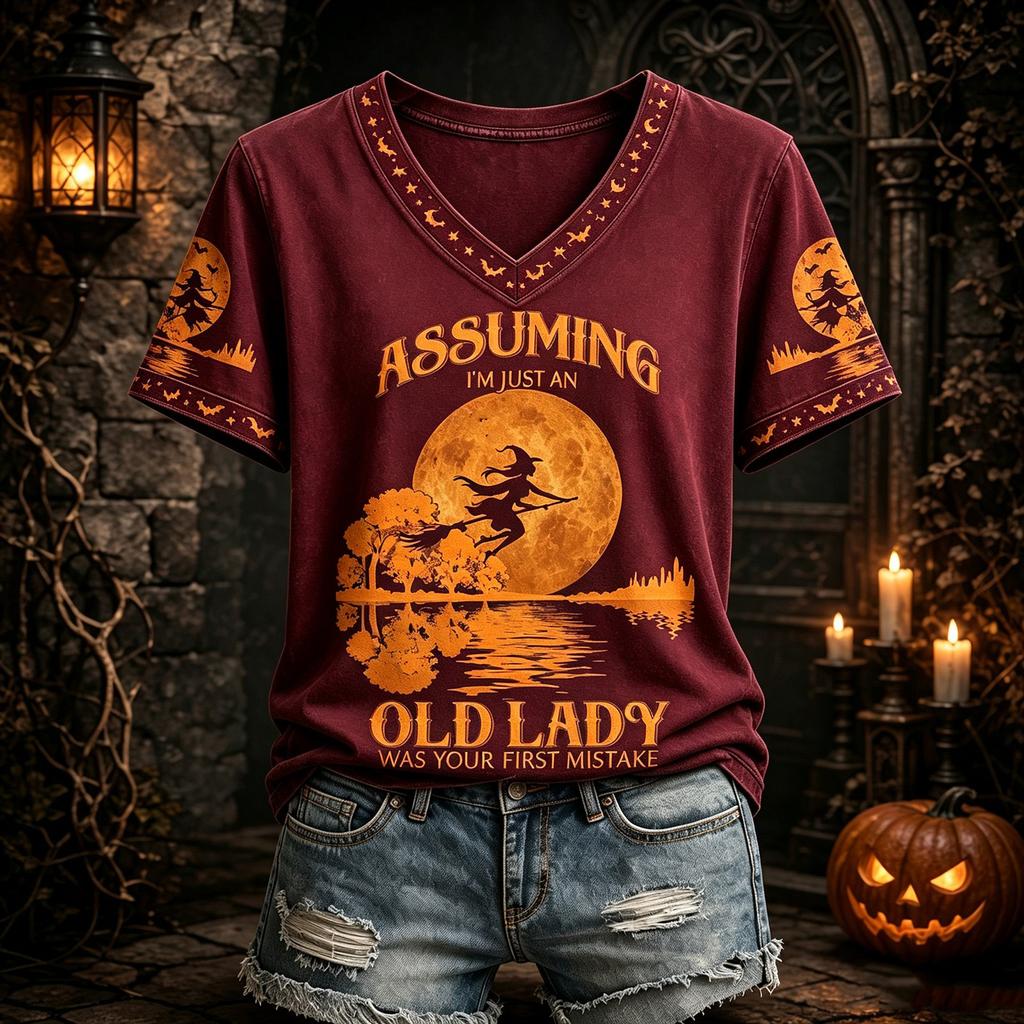 Women's Halloween V-Neck Short Sleeve T-Shirt Casual Printed Tee Top