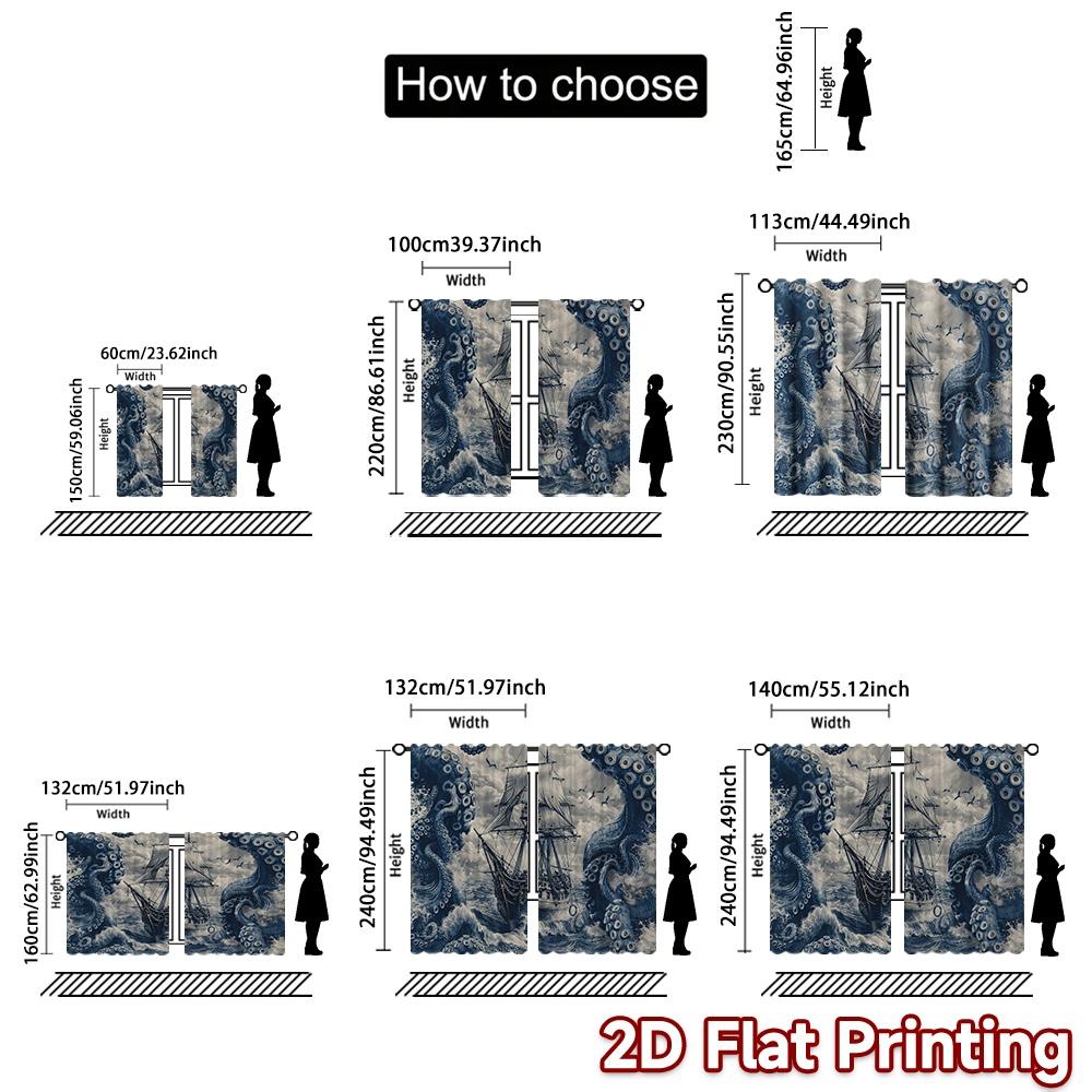 2D FLAT PRINTING 2pcs Curtains (Without Rod) Giant Octopus Surrounds Ship Pattern Modern Curtains Polyester Easy Install