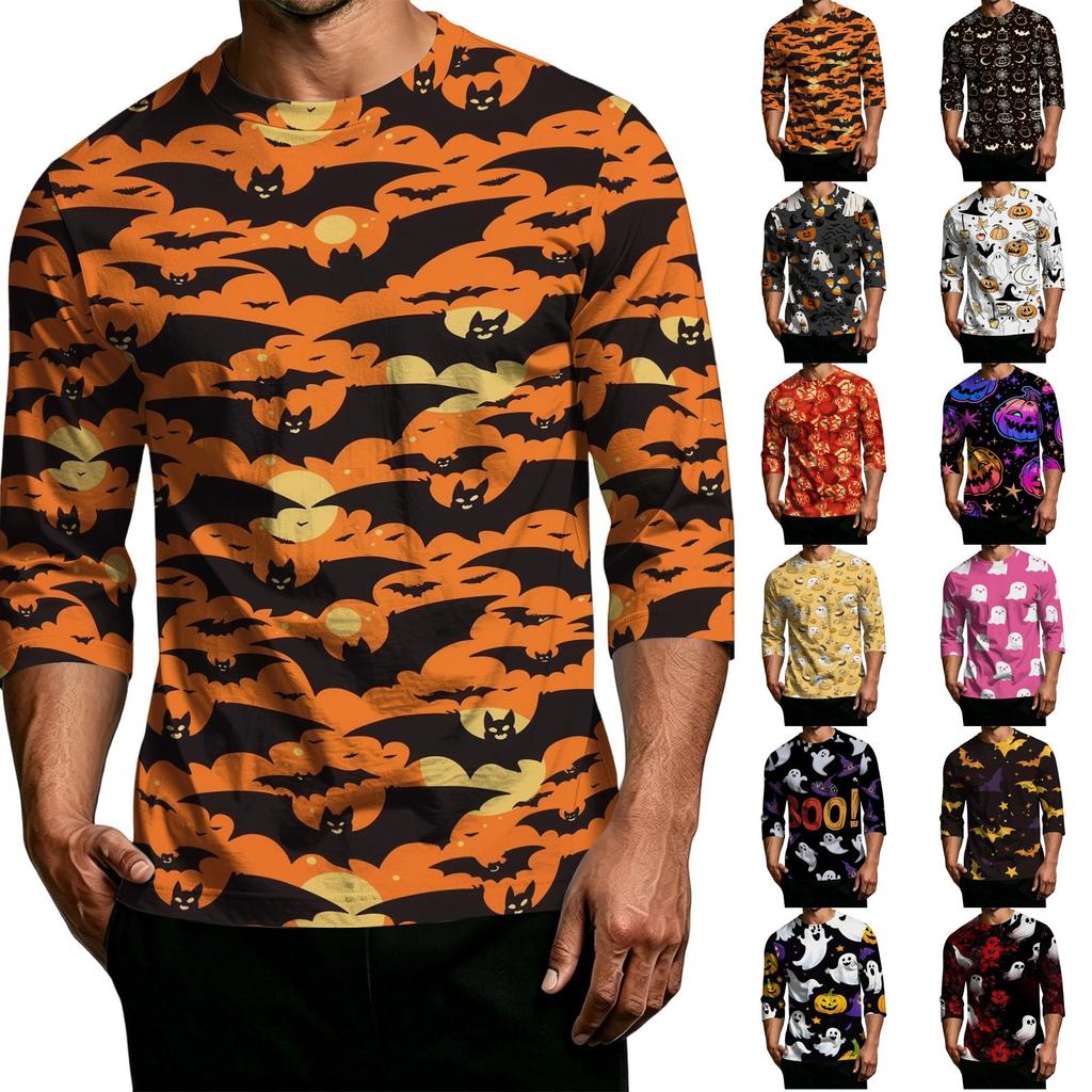 Men Casual Halloween Print Raglan Sleeve T Shirt Crew Neck Three Quarter Sleeve Top Lightweight Comfortable Fit