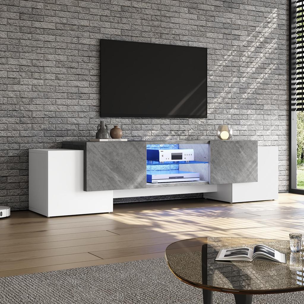 TV Schrank, TV Lowboard Moderner 60/65/70 Zoll Fernseher, TV Ständer 4 Türen, Glasböden, TV Bank Wohnzimmer Schlafzimmer, TV Möbel, Weiß & Grau