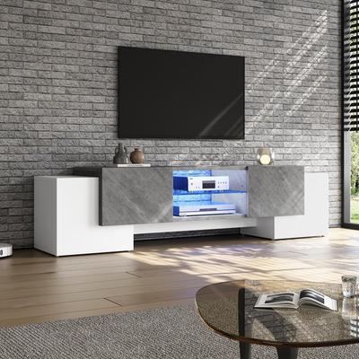 TV Cabinet, TV Lowboard Modern 60/65/70 Inch Television, TV Stand 4 Doors, Glass Shelves, TV Bench Living Room Bedroom, TV Furniture, White & Grey