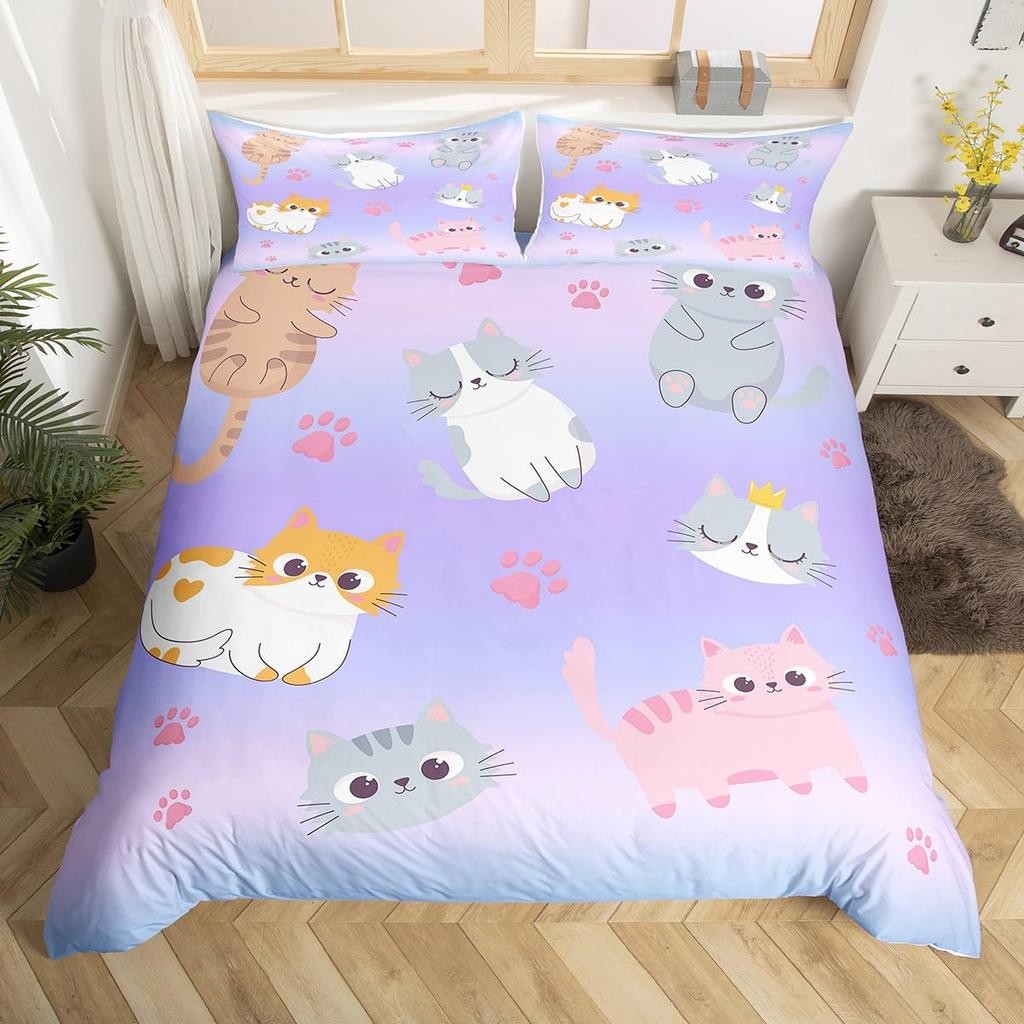 Rainbow Cat Duvet Covers For Kids Teens Girls Queen Lightweight Bedspread Cover Room Decor Kawaii Rainbow Ombre Cats Bedding Set