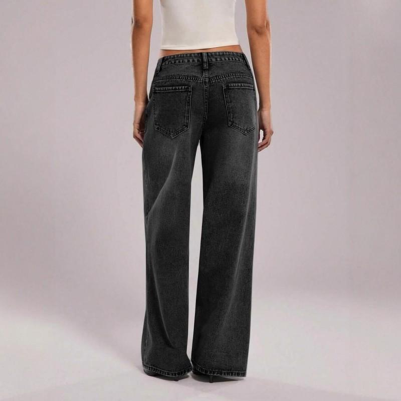 Womens Vintage Low Waist Loose Straight Leg Jeans Washed Blue Casual Denim Pants