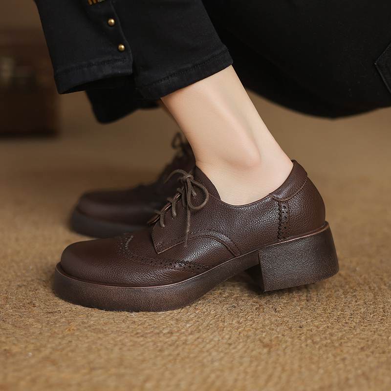 Krazing Pot Sheepskin Autumn Winter Shoes Chunky Heels Size 43 Size 42 Round Toe Lace Up Deep Mouth Pumps