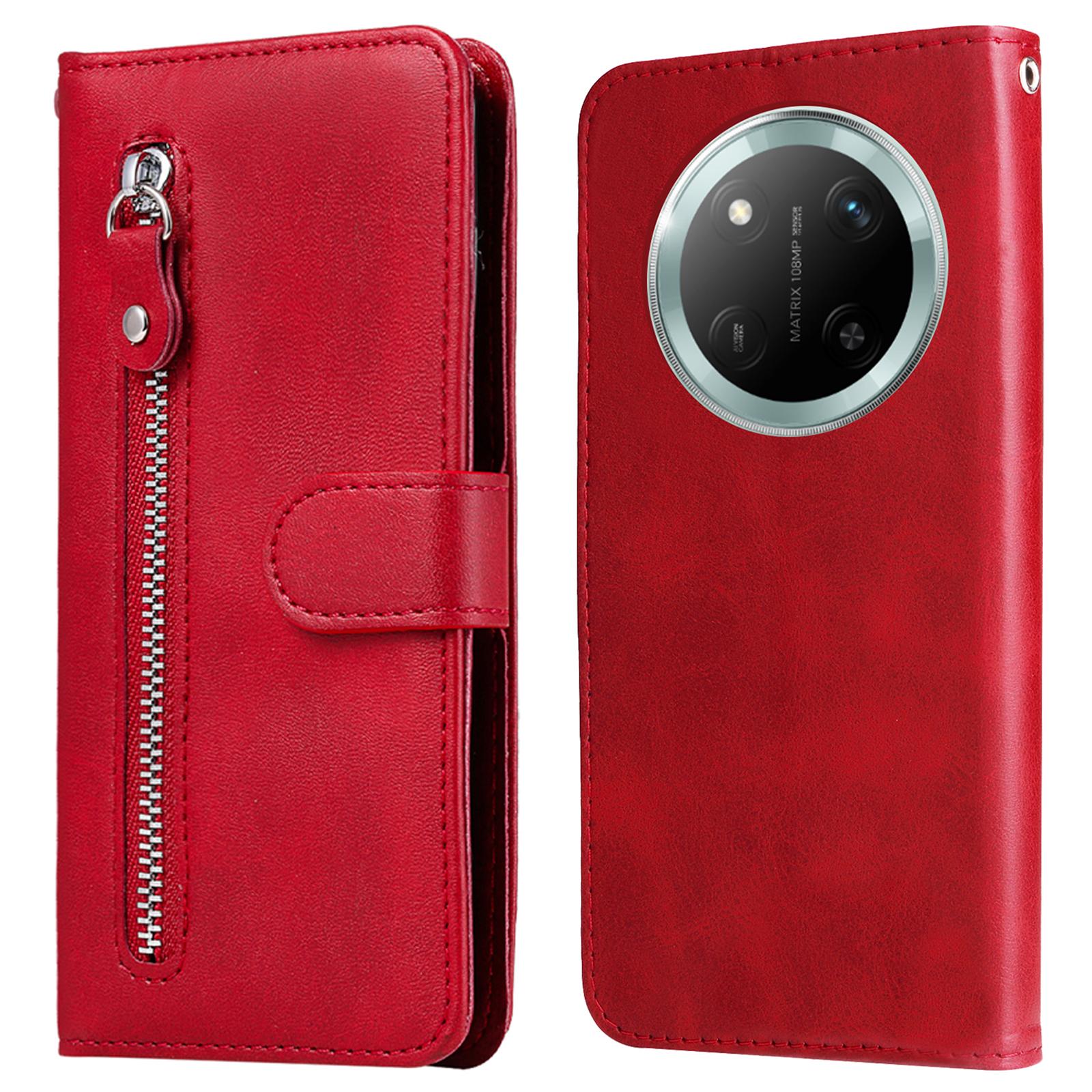 

Zipper Wallet Case for Honor Magic7 Lite 5G/X9c 5G/X60 Pro 5G Calf Texture Leather Phone Cover Red