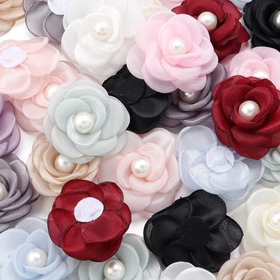 3pcs 5cm Mesh Fabric Flower Burned Edge Pearl Camellia Artificial Flowers For DIY Wedding Party Clothing Headwear Wreath Decor