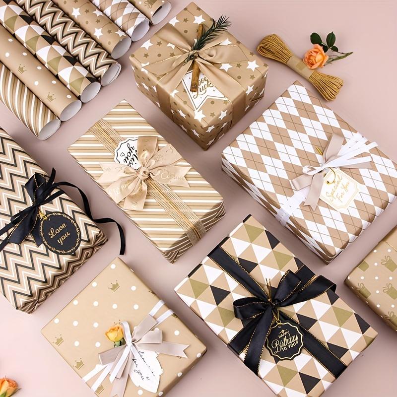 10Pcs Golden Gift Wrapping Paper Holiday Simple Light Luxury Plaid Stripes Diy Book Wrapping Paper Gift Paper