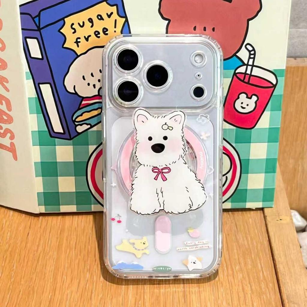 West Highland Puppy Transparent Magnetic Mobile Phone Case for 13 Apple 17promax with bracket iPhone16 set 15