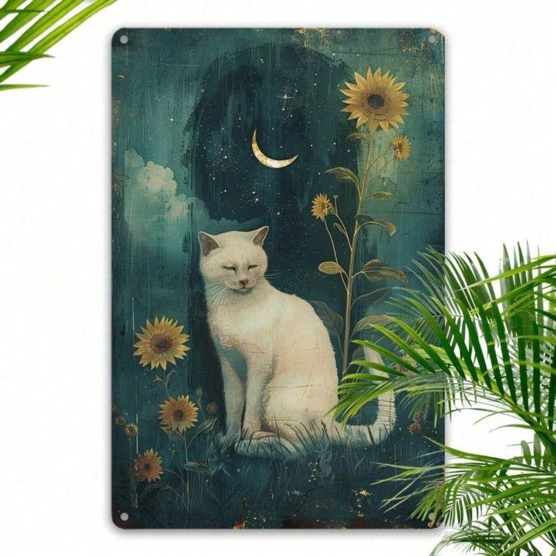 Vintage Sunflower Moon Cat Metal Wall Poster for Living Room