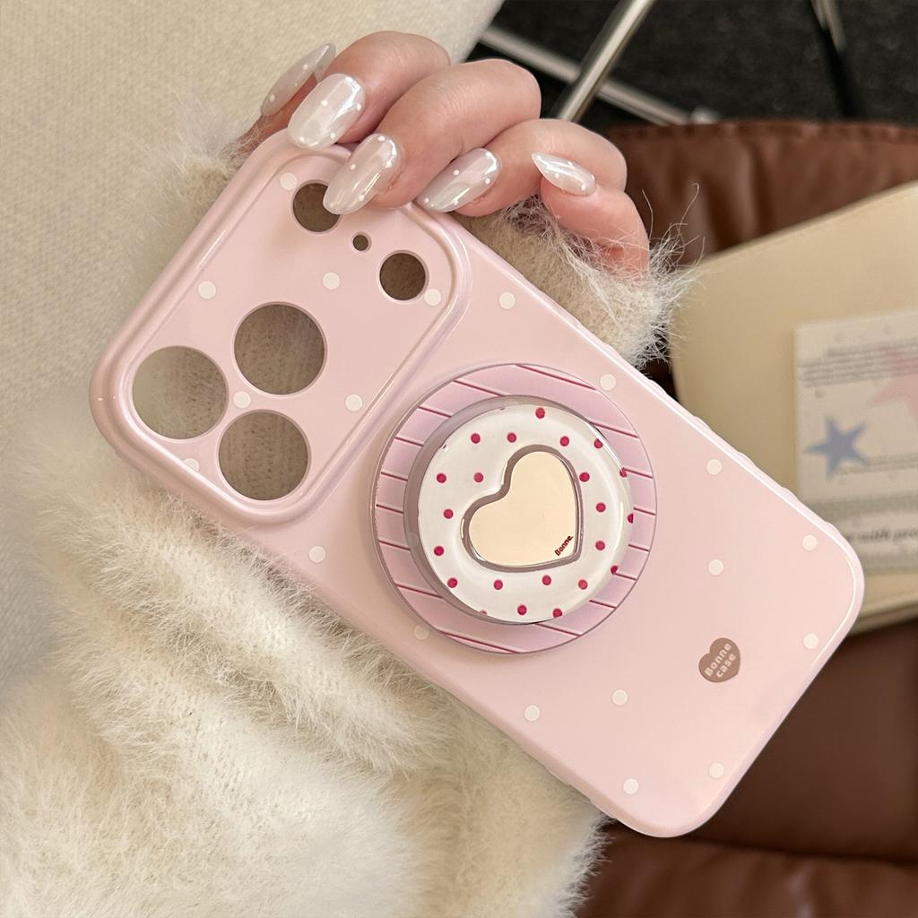 Cream polka dot Apple 17 Promax phone case iPhone 16 heart-shaped mirror magnetic suction support