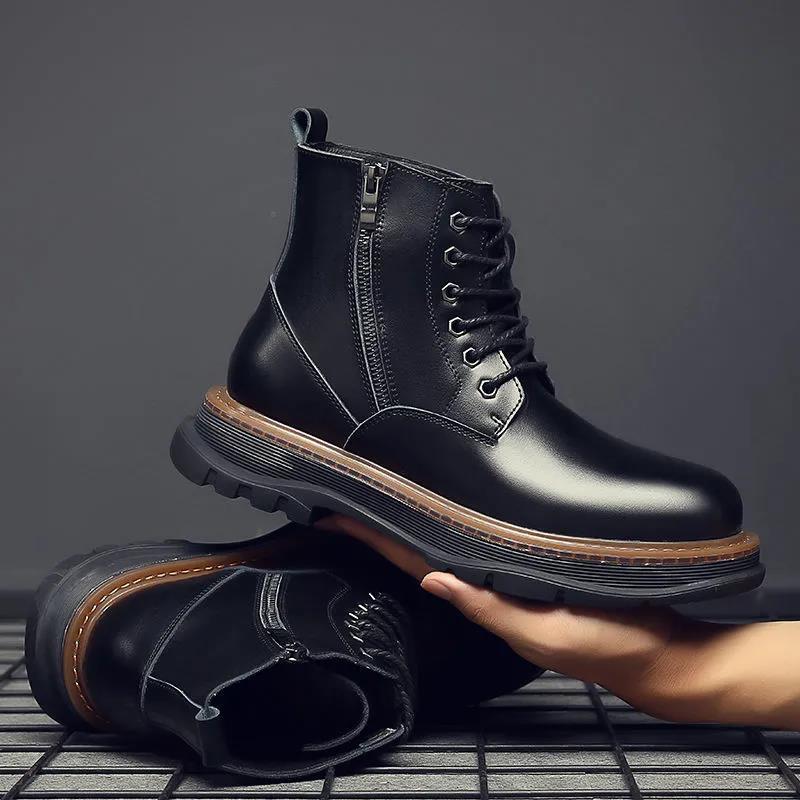 New Style Men's Martin Boots Top Layer Cowhide Casual Large Size Shoes British High Top Outdoor Work Plus Fleece To Keep Warm