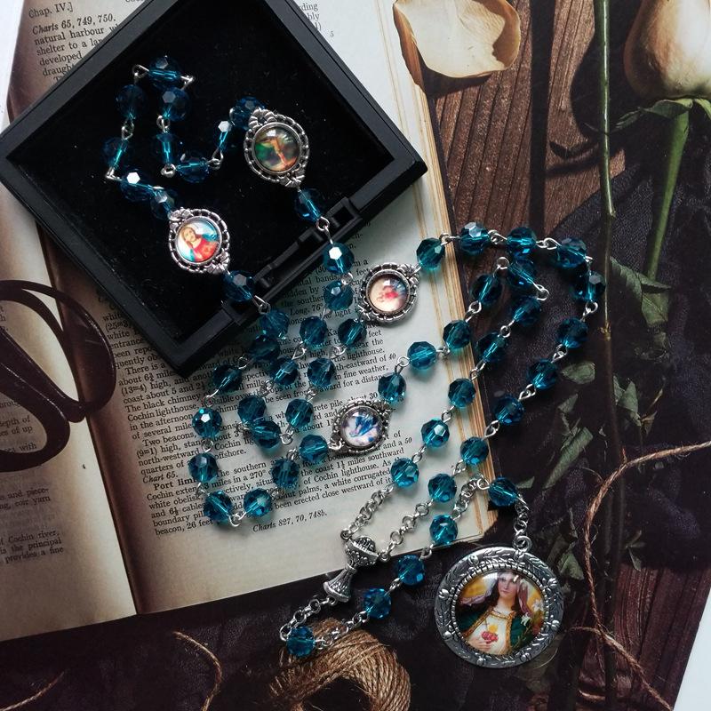 Vintage Religious Catholic Cross Rosary Necklace Beads Holy Figure Jesus Hanging Pendant Jesus Rosary Necklace Wall Decoration