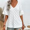 Women's Knit Embroidery Hollow Ruffle V-Neck Short Sleeve Top Women T-Shirt Women
