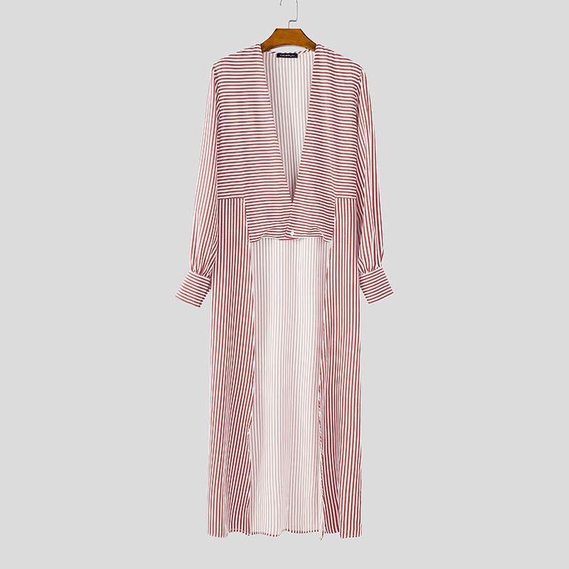 INCERUN Spring Men Neck Long Sleeve Striped Irregular Casual Long Cardigan Shirts Tops