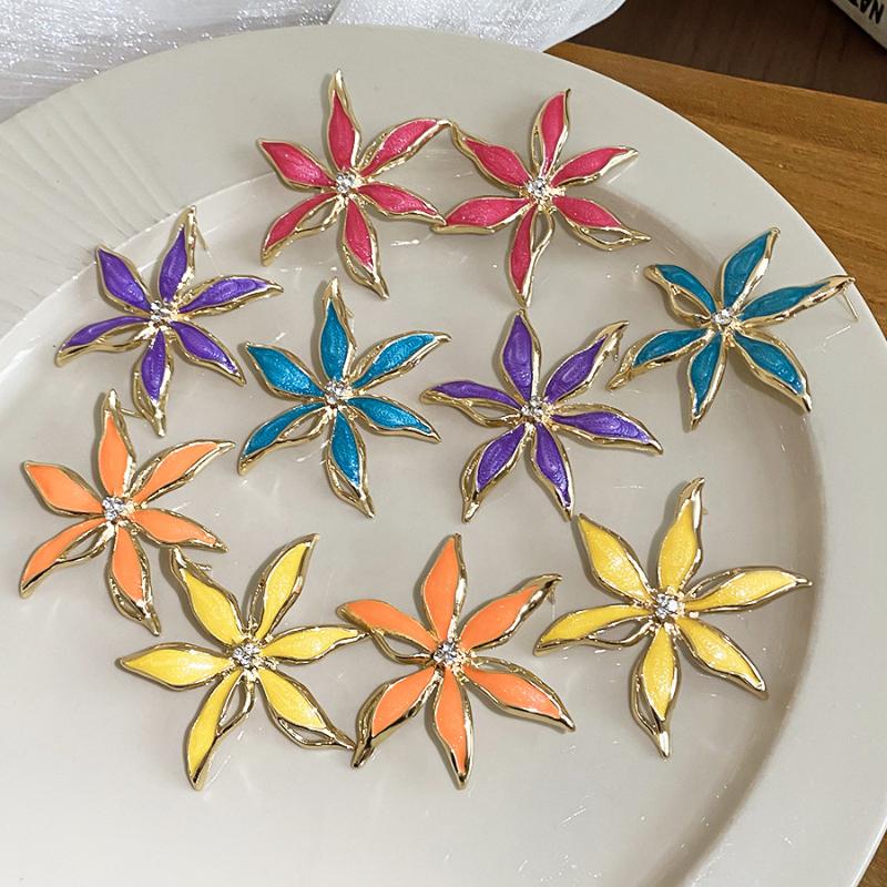 Vintage Metal Colorful Oil Dripping Flower Big Earrings For Women Sweet Simple Fashion Bohemia Trendy Jewelry Accessories Gifts