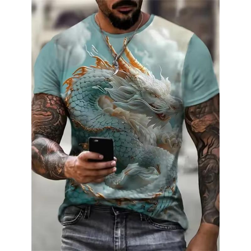 Tricou bărbătesc cu imprimeu de dragon în amestec de bumbac - Guler rotund elegant, confortabil și respirabil, pentru ținute casual de vară, de zi cu zi - Promoție